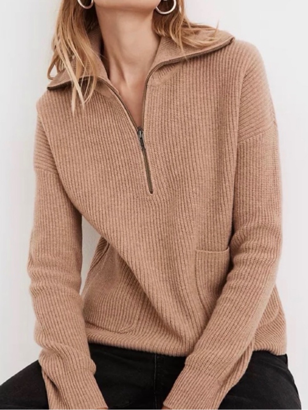 Madewell Camel Ribbed Half-Zip Sweater